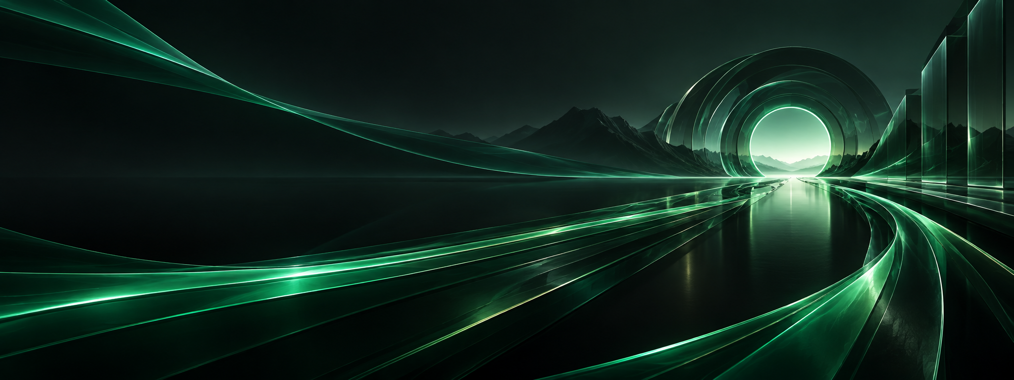 Abstract emerald paths leading to a portal